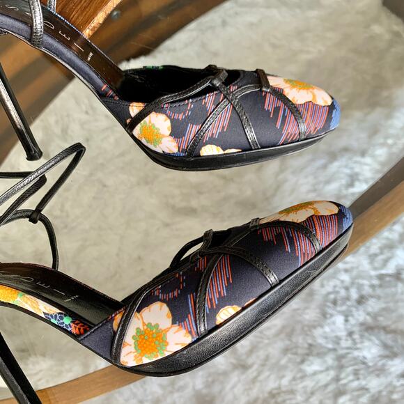 Casadei Floral Print with Leather Trim Evening Shoes Size 7 - Picture 8 of 14